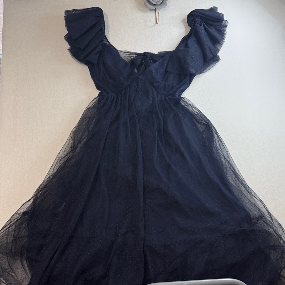 Lulu's Navy Tulle Maxi with Ruffle Cap Sleeves